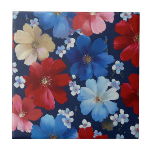 Patriotic Red Blue White Floral (9) Tile