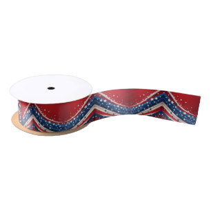 Patriotic Red Blue White Sparkle Wavy Swirl Theme Satin Ribbon