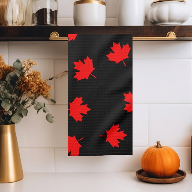 Patriotic Red Canada Maple Leaf Black Pattern Kitchen Towel (Creator Uploaded)