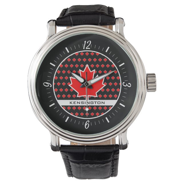 Patriotic Red Canadian Maple Leaf with Black Text Watch (Front)