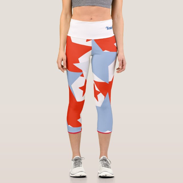 Patriotic Red Light Blue Stars Name Quote  Capri Leggings (Front)