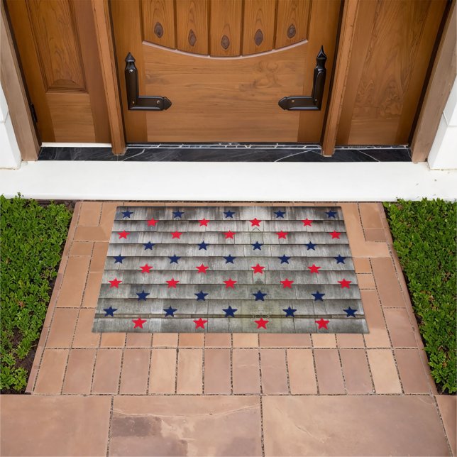 Patriotic red navy blue stars rustic shingles doormat (Outdoor)