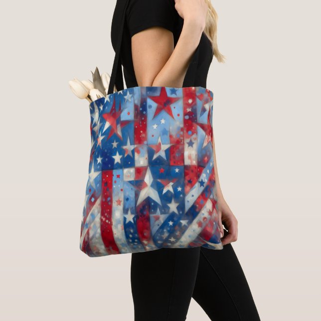 Patriotic Red White and Blue Abstract US Flag Tote Bag (Close Up)