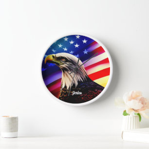 Patriotic Red, White and Blue and Bald Eagle Clock