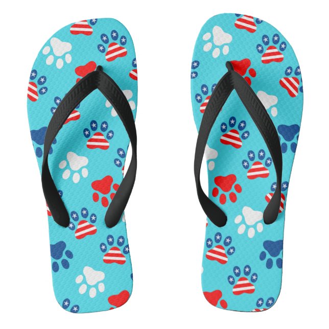 Patriotic Red White and Blue Dog Paws Pattern Flip Flops (Footbed)