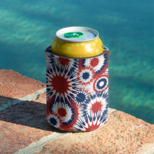 Patriotic Red White and Blue Fireworks Can Cooler