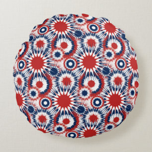 Patriotic Red White and Blue Fireworks Round Pillow