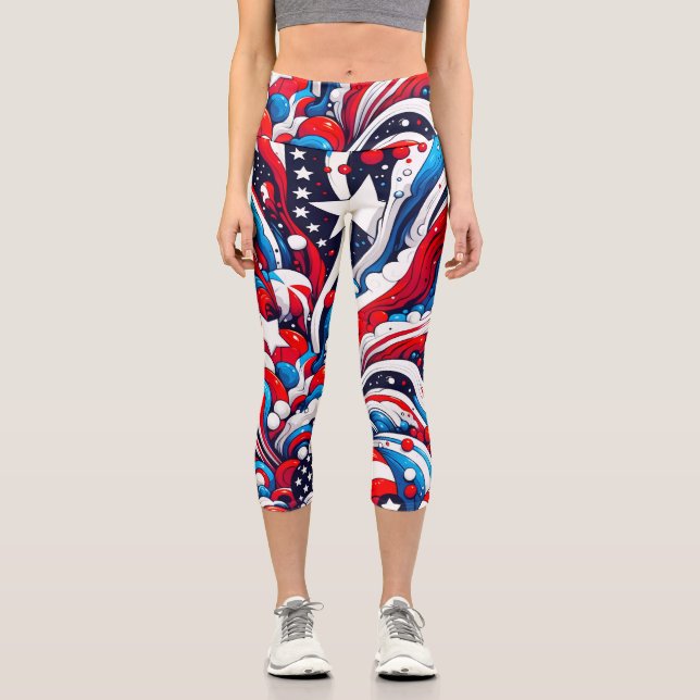 Patriotic Red, White and Blue Fourth of July Capri Leggings (Front)