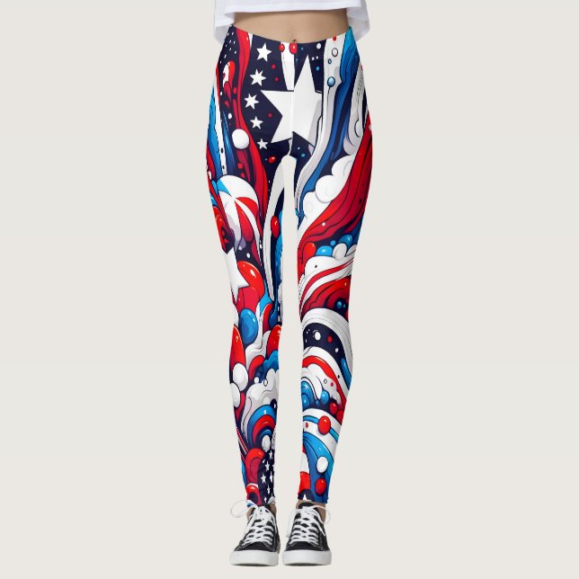 Patriotic Red, White and Blue Fourth of July Leggings (Front)