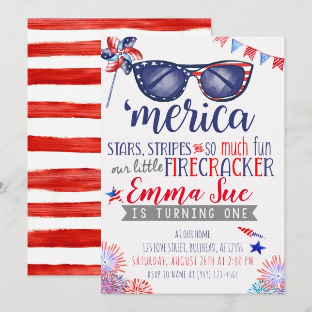 Patriotic Red White and Blue Little Firecracker Invitation (Front/Back)