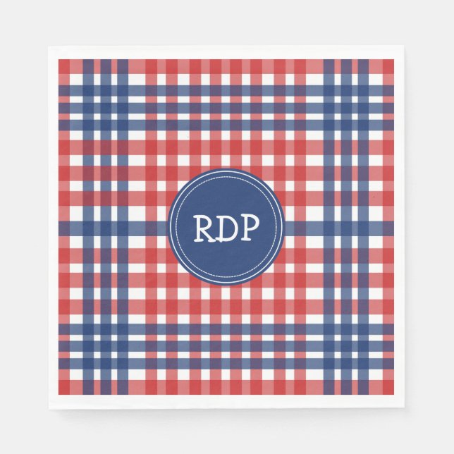 Patriotic Red White and Blue Plaid Custom Napkin (Front)