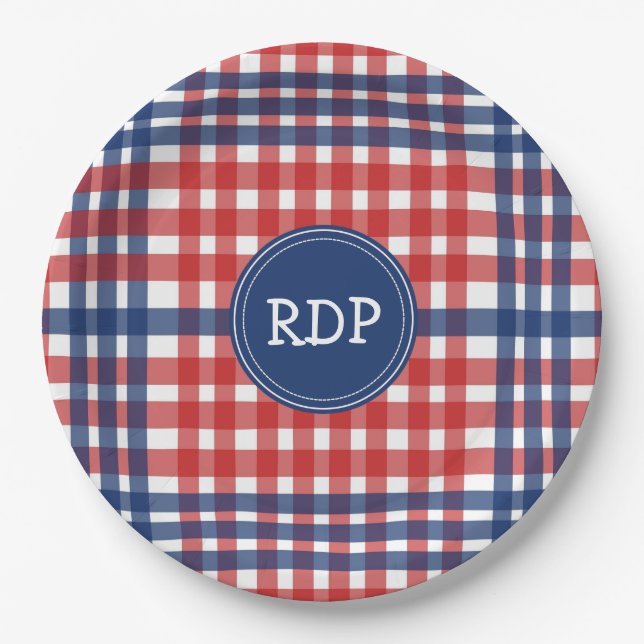 Patriotic Red White and Blue Plaid Custom Paper Plate (Front)