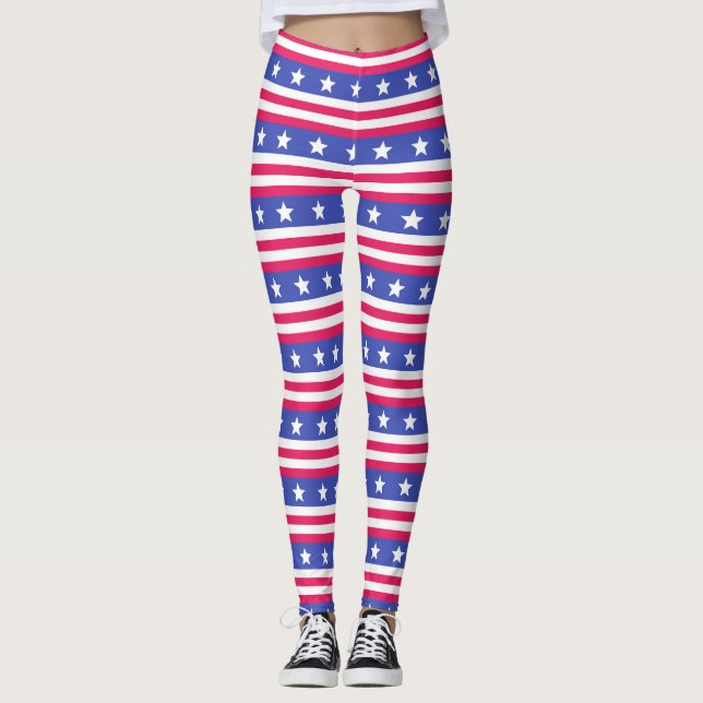 Patriotic Red, White, and Blue Stars and Stripes Leggings (Front)