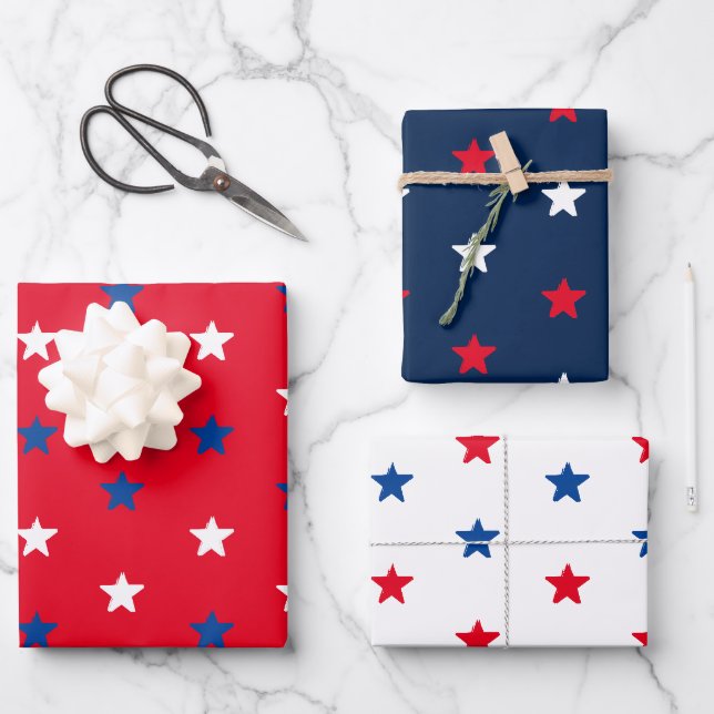 Patriotic red white and blue stars pattern holiday wrapping paper sheet (Front)