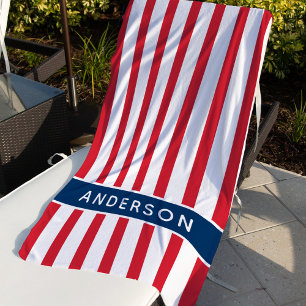 Patriotic Red White and Blue Stripes Custom Name Beach Towel