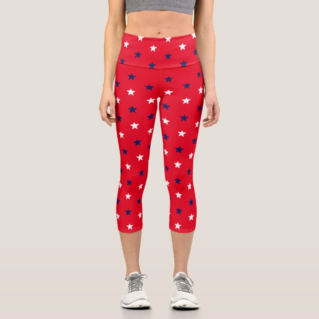 Patriotic red white and navy blue stars fun cute capri leggings (Front)
