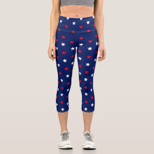 Patriotic red white and navy blue stars pattern capri leggings