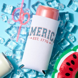 PATRIOTIC RED WHITE BLUE AMERICA EST 1776 SELTZER CAN COOLER