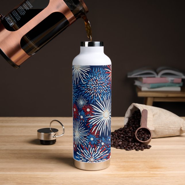 PATRIOTIC RED WHITE BLUE AMERICAN FIREWORKS WATER BOTTLE (Coffee)