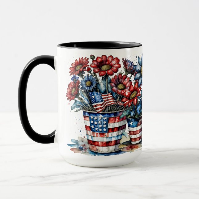 PATRIOTIC RED WHITE BLUE AMERICAN FLOWERS IN POTS MUG (Left)
