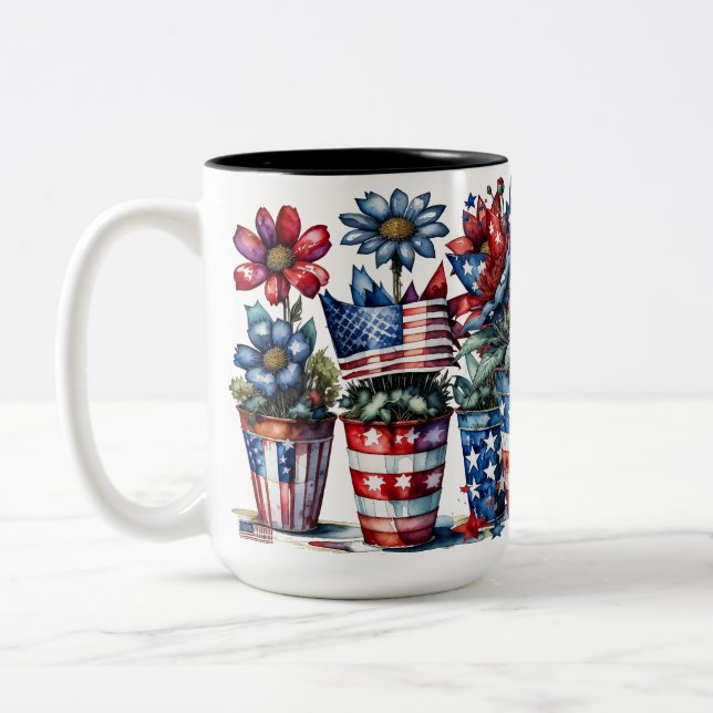 PATRIOTIC RED WHITE BLUE AMERICAN FLOWERS IN POTS Two-Tone COFFEE MUG (Left)