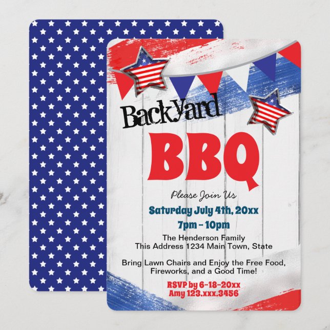 Patriotic Red White Blue Backyard BBQ Invitation (Front/Back)