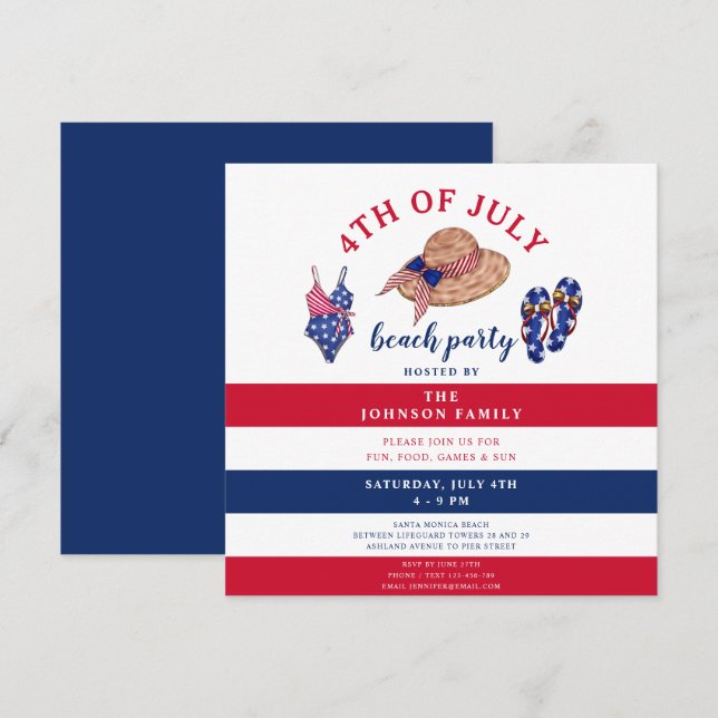 Patriotic Red White & Blue Beach Party 4th Of July Invitation (Front/Back)