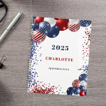 Patriotic red white blue black balloons name 2025 planner<br><div class="desc">A chic white background. Decorated with patriotic coloured  balloons in red blue and white. Personalize and add a year,  name and a title. Red and blue text.</div>