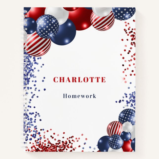 Patriotic red white blue black balloons name notebook (Front)