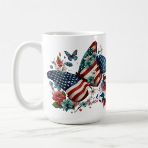 PATRIOTIC RED WHITE BLUE BUTTERFLIES FLOWERS COFFEE MUG