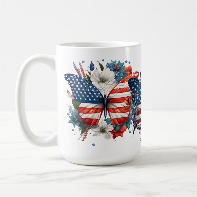 PATRIOTIC RED WHITE BLUE BUTTERFLIES FLOWERS COFFEE MUG (Left)