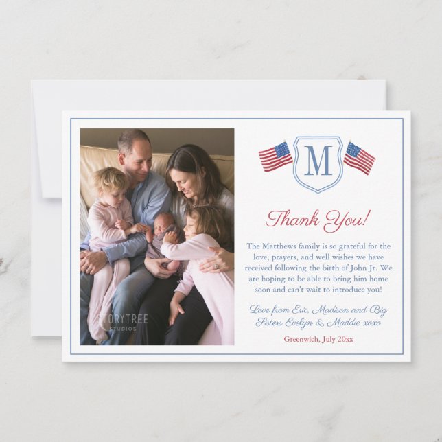 Patriotic Red White Blue Crest Family Picture Thank You Card (Front)