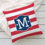Patriotic Red White Blue Custom Monogram Initial Outdoor Pillow<br><div class="desc">Patriotic pillow design features a decorative frame with custom family monogram initial,  star accents,  and horizontal stripes. Red,  white and navy blue colours.</div>