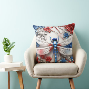 PATRIOTIC RED WHITE BLUE DRAGONFLIES & FLOWERS THROW PILLOW