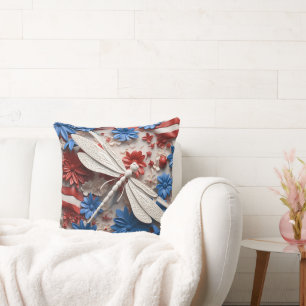PATRIOTIC RED WHITE BLUE DRAGONFLIES & FLOWERS THROW PILLOW