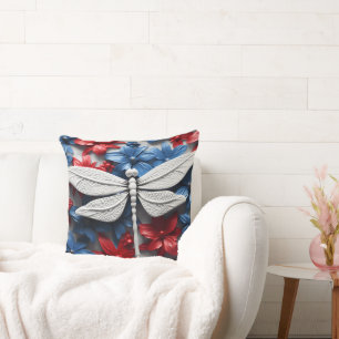 PATRIOTIC RED WHITE BLUE DRAGONFLIES & FLOWERS THROW PILLOW