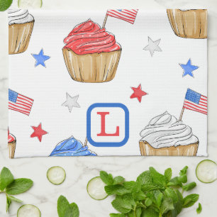 Patriotic Red White Blue Flag Cupcakes Monogram Kitchen Towel