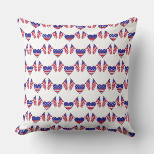 PATRIOTIC RED WHITE BLUE FLAGS & HEARTS THROW PILLOW