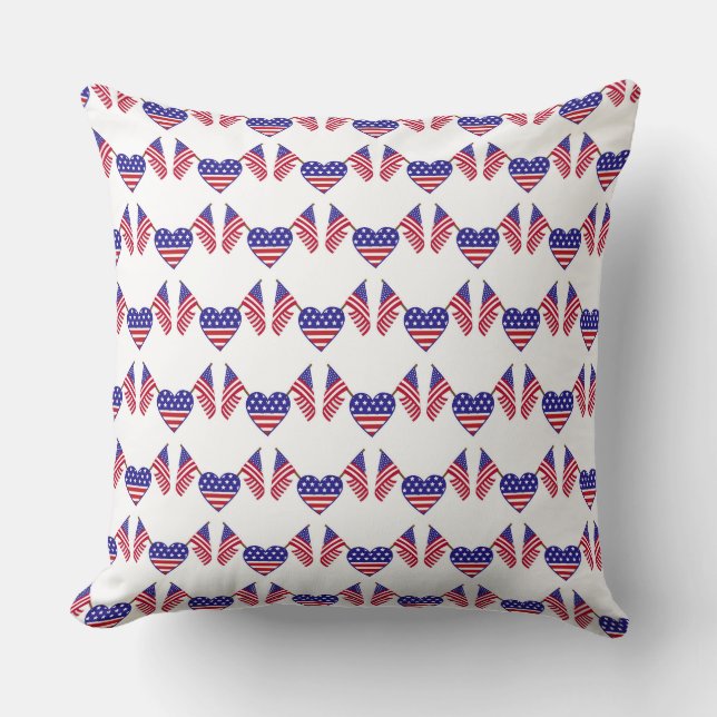 PATRIOTIC RED WHITE BLUE FLAGS & HEARTS THROW PILLOW (Front)