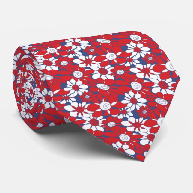 Patriotic Red White Blue Floral Tie (Rolled)