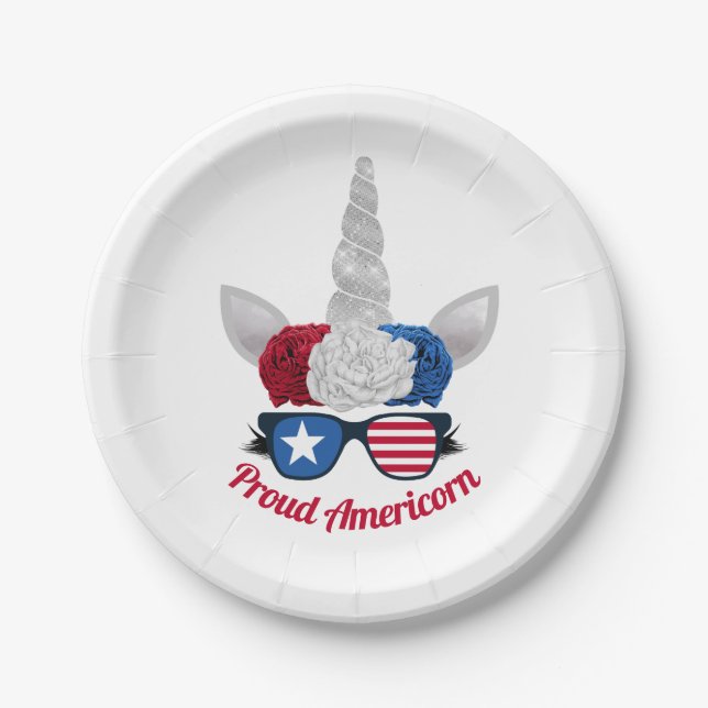 Patriotic Red White Blue Glitter Unicorn Paper Plate (Front)