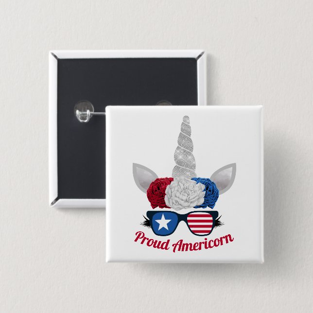 Patriotic Red White Blue Glitter Unicorn | USA 2 Inch Square Button (Front & Back)