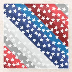 PATRIOTIC RED  WHITE BLUE GRAY STARS GLASS COASTER