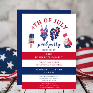 Patriotic Red White & Blue July Pool Party 4th Of Invitation