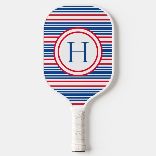 Patriotic Red White & Blue Modern Monogram Pickleball Paddle (Front)