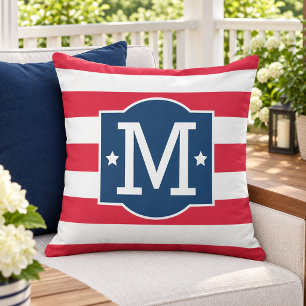 Patriotic Red White Blue Monogram Initial Outdoor Pillow