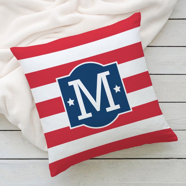 Patriotic Red White Blue Monogram Initial Outdoor Pillow (Creator Uploaded)