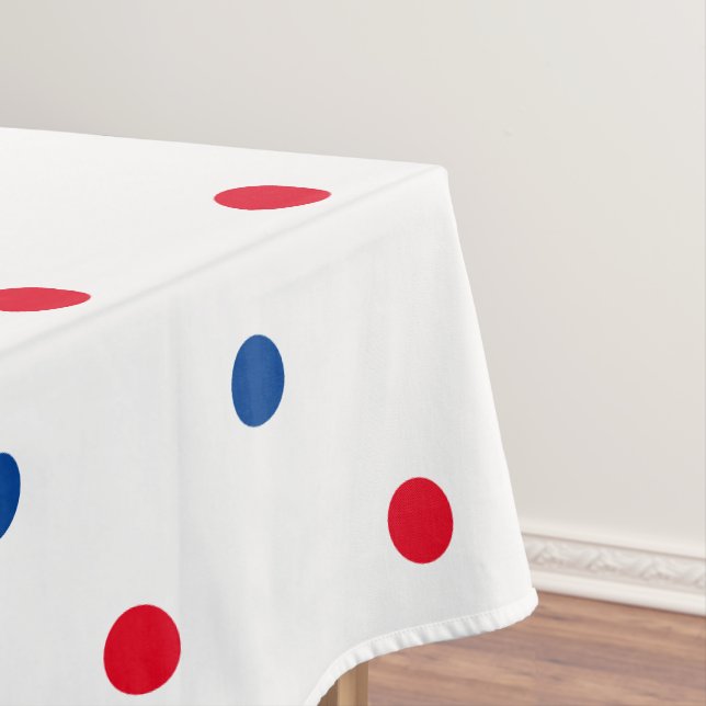Patriotic red white blue polka dot pattern holiday tablecloth (In Situ)
