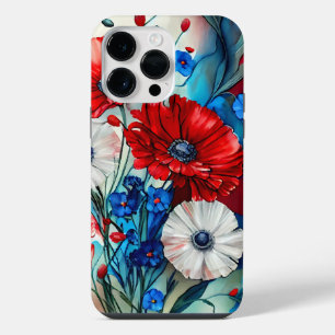 PATRIOTIC RED WHITE BLUE POPPY FLOWERS iPhone 14 PRO MAX CASE
