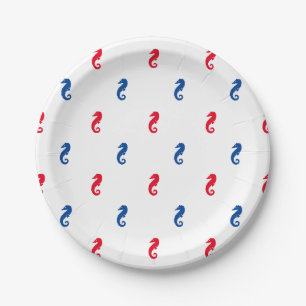 Patriotic red white blue seahorse pattern paper plate